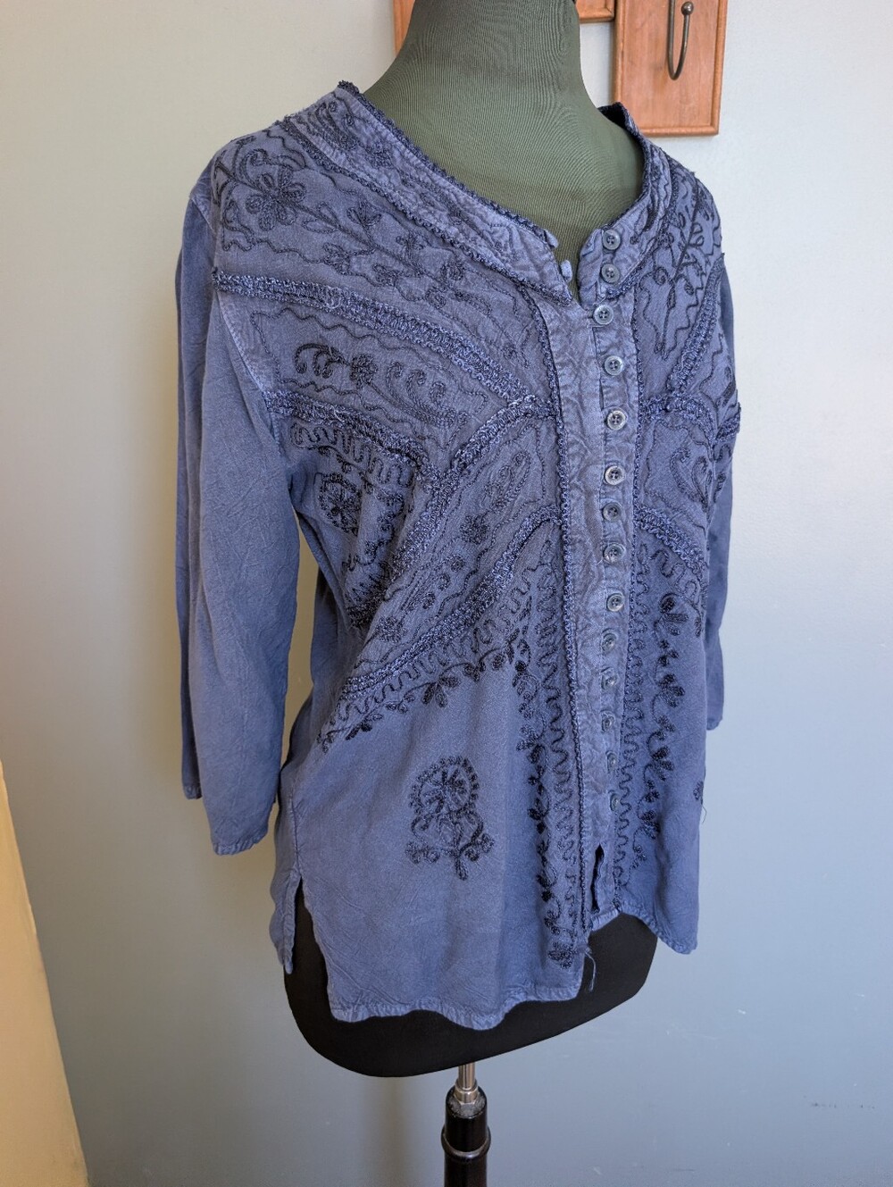 Women's Blue Embroidered Button-Front Top - One Size